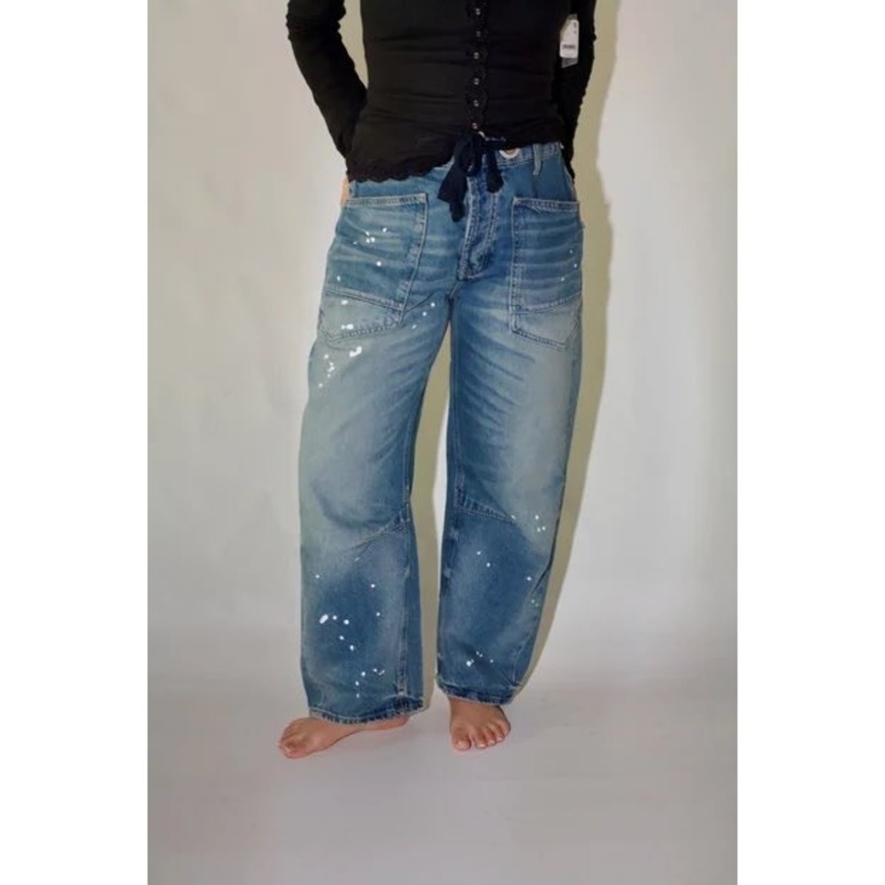 We The Free Free People Good Luck Mid Rise Barrel Jeans Paint Splatter Blue 26
